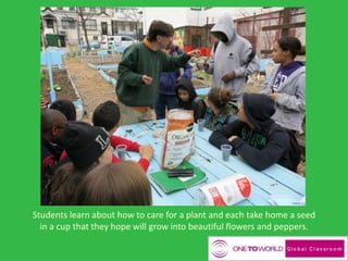 Students learn about how to care for a plant and each take home a seed
in a cup that they hope will grow into beautiful flowers and peppers.
 