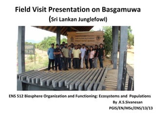Field Visit Presentation on Basgamuwa
(Sri Lankan Junglefowl)

ENS 512 Biosphere Organization and Functioning: Ecosystems and Populations
By .K.S.Sivanesan
PGIS/EN/MSc/ENS/13/13

 