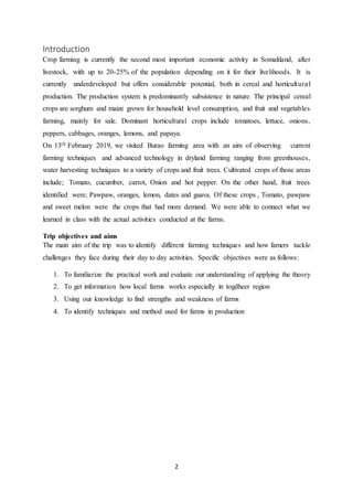 2
Introduction
Crop farming is currently the second most important economic activity in Somaliland, after
livestock, with up to 20-25% of the population depending on it for their livelihoods. It is
currently underdeveloped but offers considerable potential, both in cereal and horticultural
production. The production system is predominantly subsistence in nature. The principal cereal
crops are sorghum and maize grown for household level consumption, and fruit and vegetables
farming, mainly for sale. Dominant horticultural crops include tomatoes, lettuce, onions,
peppers, cabbages, oranges, lemons, and papaya.
On 13th February 2019, we visited Burao farming area with an aim of observing current
farming techniques and advanced technology in dryland farming ranging from greenhouses,
water harvesting techniques to a variety of crops and fruit trees. Cultivated crops of those areas
include; Tomato, cucumber, carrot, Onion and hot pepper. On the other hand, fruit trees
identified were; Pawpaw, oranges, lemon, dates and guava. Of these crops , Tomato, pawpaw
and sweet melon were the crops that had more demand. We were able to connect what we
learned in class with the actual activities conducted at the farms.
Trip objectives and aims
The main aim of the trip was to identify different farming techniques and how famers tackle
challenges they face during their day to day activities. Specific objectives were as follows:
1. To familiarize the practical work and evaluate our understanding of applying the theory
2. To get information how local farms works especially in togdheer region
3. Using our knowledge to find strengths and weakness of farms
4. To identify techniques and method used for farms in production
 
