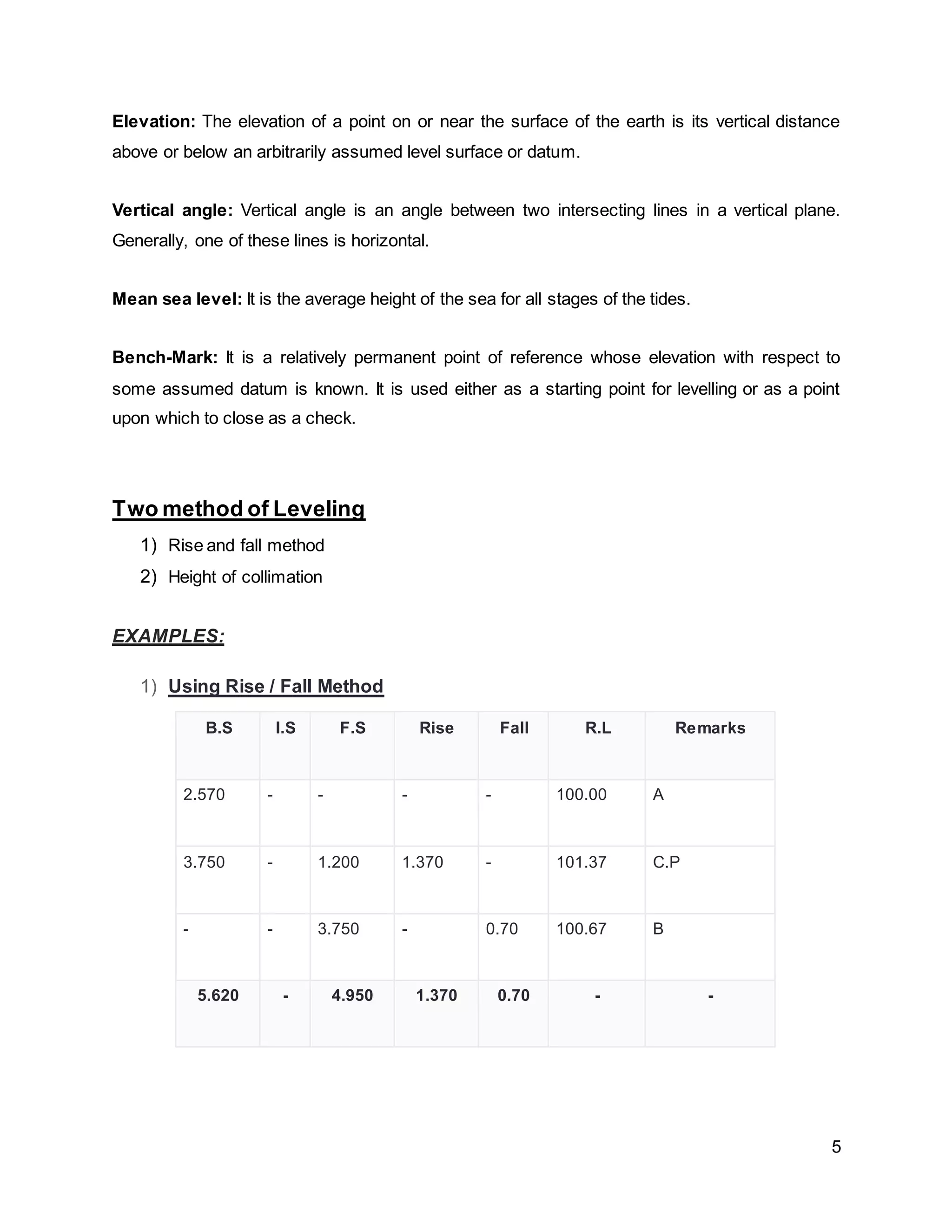 5
Elevation: The elevation of a point on or near the surface of the earth is its vertical distance
above or below an arbitrarily assumed level surface or datum.
Vertical angle: Vertical angle is an angle between two intersecting lines in a vertical plane.
Generally, one of these lines is horizontal.
Mean sea level: It is the average height of the sea for all stages of the tides.
Bench-Mark: It is a relatively permanent point of reference whose elevation with respect to
some assumed datum is known. It is used either as a starting point for levelling or as a point
upon which to close as a check.
Two method of Leveling
1) Rise and fall method
2) Height of collimation
EXAMPLES:
1) Using Rise / Fall Method
B.S I.S F.S Rise Fall R.L Remarks
2.570 - - - - 100.00 A
3.750 - 1.200 1.370 - 101.37 C.P
- - 3.750 - 0.70 100.67 B
5.620 - 4.950 1.370 0.70 - -
 