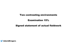 Two contrasting environments
Examination 15%
Signed statement of actual fieldwork
@davidErogers
 