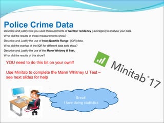 Police Crime Data
Describe and justify how you used measurements of Central Tendency ( averages) to analyse your data.
What did the results of these measurements show?
Describe and Justify the use of Inter-Quartile Range (IQR) data.
What did the overlap of the IQR for different data sets show?
Describe and Justify the use of the Mann Whitney U Test.
What did the results of this show?
YOU need to do this bit on your own!!
Use Minitab to complete the Mann Whitney U Test –
see next slides for help
Great!
I love doing statistics
 