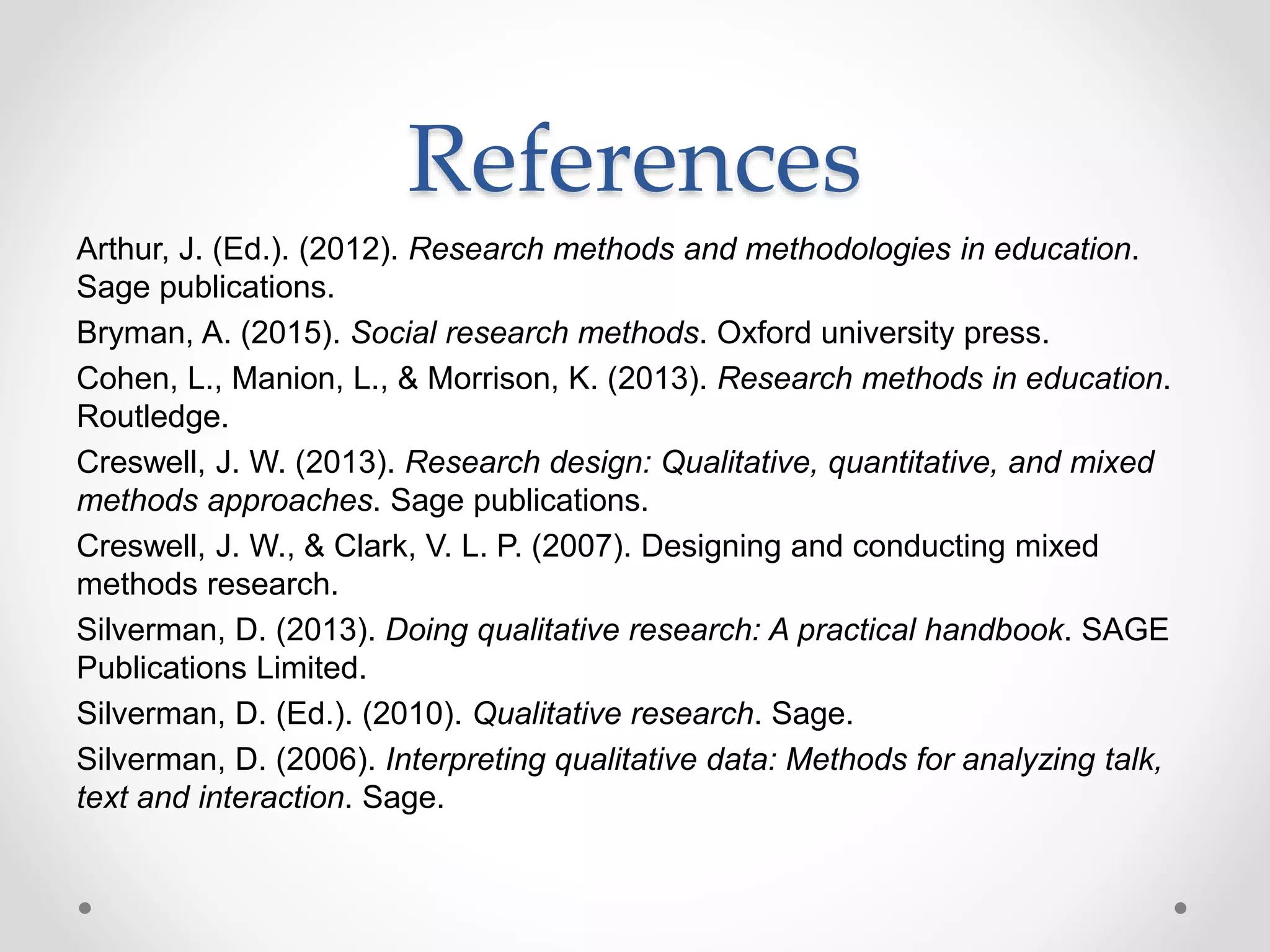References
Arthur, J. (Ed.). (2012). Research methods and methodologies in education.
Sage publications.
Bryman, A. (2015). Social research methods. Oxford university press.
Cohen, L., Manion, L., & Morrison, K. (2013). Research methods in education.
Routledge.
Creswell, J. W. (2013). Research design: Qualitative, quantitative, and mixed
methods approaches. Sage publications.
Creswell, J. W., & Clark, V. L. P. (2007). Designing and conducting mixed
methods research.
Silverman, D. (2013). Doing qualitative research: A practical handbook. SAGE
Publications Limited.
Silverman, D. (Ed.). (2010). Qualitative research. Sage.
Silverman, D. (2006). Interpreting qualitative data: Methods for analyzing talk,
text and interaction. Sage.
 
