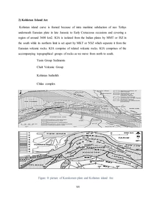 VII
2) Kohistan Island Arc
Kohistan island curve is framed because of intra maritime subduction of neo Tethys
underneath Eurasian plate in late Jurassic to Early Cretaceous occasions and covering a
region of around 3600 km2. KIA is isolated from the Indian plates by MMT or ISZ in
the south while its northern limit is set apart by MKT or NSZ which separate it from the
Eurasian volcanic rocks. KIA comprise of related volcanic rocks. KIA comprises of the
accompanying topographical groups of rocks as we move from north to south.
Yasin Group Sediments
Chalt Volcanic Group
Kohistan batholith
Chilas complex
Figure 0: picture of Karakoram plate and Kohistan island Arc
 