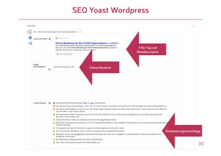 30
SEO Yoast Wordpress
Title-Tag und
Metadescription
Fokus Keyword
Verbesserungsvorschläge
 