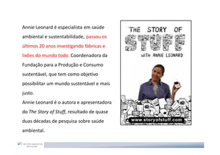 Annie Leonard é especialista em saúde
ambiental e sustentabilidade, passou os
últimos 20 anos investigando fábricas e
lixões do mundo todo. Coordenadora da
Fundação para a Produção e Consumo
sustentável, que tem como objetivo
possibilitar um mundo sustentável e mais
justo.
Annie Leonard é o autora e apresentadora
do The Story of Stuff, resultado de quase
duas décadas de pesquisa sobre saúde
ambiental.
 