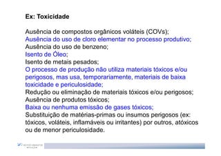 Ex: Toxicidade

Ausência de compostos orgânicos voláteis (COVs);
Ausência do uso de cloro elementar no processo produtivo;
Ausência do uso de benzeno;
Isento de Óleo;
Isento de metais pesados;
O processo de produção não utiliza materiais tóxicos e/ou
perigosos, mas usa, temporariamente, materiais de baixa
toxicidade e periculosidade;
Redução ou eliminação de materiais tóxicos e/ou perigosos;
Ausência de produtos tóxicos;
Baixa ou nenhuma emissão de gases tóxicos;
Substituição de matérias-primas ou insumos perigosos (ex:
tóxicos, voláteis, inflamáveis ou irritantes) por outros, atóxicos
ou de menor periculosidade.
 