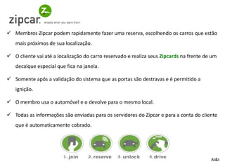  Membros Zipcar podem rapidamente fazer uma reserva, escolhendo os carros que estão
   mais próximos de sua localização.

 O cliente vai até a localização do carro reservado e realiza seus Zipcards na frente de um
   decalque especial que fica na janela.

 Somente após a validação do sistema que as portas são destravas e é permitido a
   ignição.

 O membro usa o automóvel e o devolve para o mesmo local.

 Todas as informações são enviadas para os servidores do Zipcar e para a conta do cliente
   que é automaticamente cobrado.




                                                                                         At&t
 
