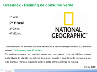 Greendex - Ranking de consumo verde


    1º Índia

    2º Brasil
    3º China
    4º México



O levantamento foi feito com base em entrevistas e mediu o comportamento e o estilo de
vida de 17 mil pessoas em 17 países.
Os norte-americanos se mantém como um dos povos com os hábitos menos
sustentáveis do planeta nos últimos três anos, quando o levantamento começou a ser
feito. Canadá, França e Inglaterra também estão entre os últimos no ranking.

                                                                               Fonte: BBC
 