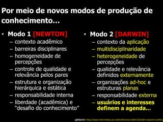 Por meio de novos modos de produção de
conhecimento…
• Modo 1 [NEWTON]                  • Modo 2 [DARWIN]
  – contexto acadêmico                    – contexto da aplicação
  – barreiras disciplinares               – multidisciplinaridade
  – homogeneidade de                      – heterogeneidade de
    percepções                              percepções
  – controle de qualidade e               – qualidade e relevância
    relevância pelos pares                  definidos externamente
  – estrutura e organização               – organizações ad-hoc e
    hierárquica e estática                  estruturas planas
  – responsabilidade interna              – responsabilidade externa
  – liberdade (acadêmica) e               – usuários e interesses
    “desafio do conhecimento”               definem a agenda...
                           gibbons: http://www.intermedia.uio.no/konferanser/skikt-02/skikt-research-conferan
 