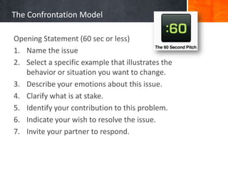 The Confrontation Model
Opening Statement (60 sec or less)
1. Name the issue
2. Select a specific example that illustrates the
behavior or situation you want to change.
3. Describe your emotions about this issue.
4. Clarify what is at stake.
5. Identify your contribution to this problem.
6. Indicate your wish to resolve the issue.
7. Invite your partner to respond.
 