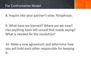 The Confrontation Model
8. Inquire into your partner’s view. Paraphrase.
9. What have we learned? Where are we now?
Has anything been left unsaid that needs saying?
What is needed for the resolution?
10. Make a new agreement and determine how
you will hold each other responsible for keeping
it.
 