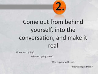 Come out from behind
yourself, into the
conversation, and make it
real
Where am I going?
Why am I going there?
Who is going with me?
How will I get there?
 