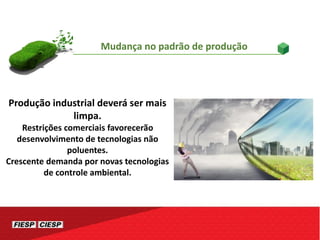 Produção industrial deverá ser mais
limpa.
Restrições comerciais favorecerão
desenvolvimento de tecnologias não
poluentes.
Crescente demanda por novas tecnologias
de controle ambiental.
Mudança no padrão de produção
 