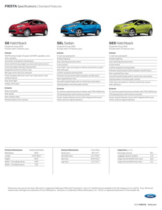 FIESTA Specifications | Standard Features




SE Hatchback                                                        SEL Sedan                                                            SES Hatchback
Equipment Group 200A                                                Equipment Group 300A                                                 Equipment Group 300A
Includes select S features, plus:                                   Includes select SE features, plus:                                   Includes select SE features, plus:

Interior                                                            Interior                                                             Interior
AM/FM stereo/single-CD player with MP3 capability, clock            12-volt rear powerpoint                                              12-volt rear powerpoint
and 4 speakers                                                      Ambient lighting                                                     Ambient lighting
Automatic locking doors (driveaway)                                 Auto-dimming rearview mirror                                         Auto-dimming rearview mirror
Driver and front-passenger sun visors with vanity mirrors           Cruise control                                                       Cruise control
Front-passenger seat back map pockets                               Ford SYNC® voice-activated, in-vehicle connectivity system           Leather-wrapped steering wheel
Integrated armrest on driver’s seat                                 with USB input                                                       Premium Sound System with 6 speakers and 80 watts
Message center with trip computer                                   Leather-wrapped steering wheel                                       Rear carpeted floor mats
Power windows with one-touch-up/-down driver’s side                 Premium Sound System with 6 speakers and 80 watts                    SiriusXM Satellite Radio with 6-month trial subscription
window feature                                                      Rear carpeted floor mats                                             Steering wheel-mounted audio controls
Rear dome light                                                     SiriusXM Satellite Radio with 6-month trial subscription             SYNC voice-activated, in-vehicle connectivity system
Unique cloth seats                                                  Steering wheel-mounted audio controls                                with USB input
Exterior                                                            Exterior                                                             Exterior
Body-color grille                                                   16" premium painted aluminum wheels with P195/50R16 tires            16" premium painted aluminum wheels with P195/50R16 tires
Rear spoiler                                                        LED parking lamps with chrome surrounds                              LED parking lamps with chrome surrounds
Rear window wiper                                                   Power, heated sideview mirrors with integrated blind spot            Power, heated sideview mirrors with integrated blind spot
Remote Keyless Entry System                                         mirrors and turn signal indicators                                   mirrors and turn signal indicators




Exterior Dimensions                 Sedan/Hatchback                       Interior Dimensions                    Front/Rear                          Capacities (cu. ft.)
Wheelbase                                 98.0"                           Head room                               39.1"/37.1"                        Passenger volume                           85.1
Length                                173.6"/160.1"                       Shoulder room                          52.7"/49.0"                         Luggage capacity (sedan)                   12.8
Height                                    58.0"                           Hip room                               50.6"/49.2"                         Cargo volume behind front seats            26.0
Width – Excluding mirrors                 67.8"                           Leg room                               42.2"/31.2"                         Cargo volume behind rear seats             15.4
Width – Including mirrors                 77.8"




    Dimensions may vary by trim level. Microsoft is a registered trademark of Microsoft Corporation. Sirius U.S. Satellite Service available in the 48 contiguous U.S.A. and D.C. Sirius, XM and all
    related marks and logos are trademarks of Sirius XM Radio Inc. 3dCarbon is a trademark of Moran Motorsports, Inc. THULE is a registered trademark of Thule Sweden AB.




                                                                                                                                                                           2012 FIESTA ford.com
 