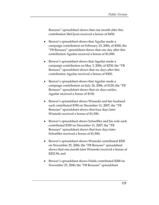 Public Version



   Bonuses” spreadsheet shows that one month after this
   contribution McGlynn received a bonus of $450;

•	 Brewer’s spreadsheet shows that Aguilar made a
   campaign contribution on February 23, 2006, of $500; the
   “FB Bonuses” spreadsheet shows that one day after this
   contribution Aguilar received a bonus of $1,000;

•	 Brewer’s spreadsheet shows that Aguilar made a
   campaign contribution on May 3, 2006, of $250; the “FB
   Bonuses” spreadsheet shows that six days after this
   contribution Aguilar received a bonus of $300;

•	 Brewer’s spreadsheet shows that Aguilar made a
   campaign contribution on July 24, 2006, of $120; the “FB
   Bonuses” spreadsheet shows that six days earlier,
   Aguilar received a bonus of $150;

•	 Brewer’s spreadsheet shows Wisneski and her husband
   each contributed $390 on December 11, 2007; the “FB
   Bonuses” spreadsheet shows that four days later
   Wisneski received a bonus of $1,500;

•	 Brewer’s spreadsheet shows Schoeffler and his wife each
   contributed $390 on December 11, 2007; the “FB
   Bonuses” spreadsheet shows that four days later
   Schoeffler received a bonus of $1,500;

•	 Brewer’s spreadsheet shows Wisneski contributed $200
   on November 25, 2006; the “FB Bonuses” spreadsheet
   shows that one month later Wisneski received a bonus of
   $202.94; and

•	 Brewer’s spreadsheet shows Fields contributed $200 on
   November 25, 2006; the “FB Bonuses” spreadsheet




                                                        129 

 