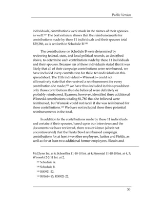 Public Version



individuals, contributions were made in the names of their spouses
as well.107 The best estimate shows that the reimbursements for
contributions made by these 11 individuals and their spouses total
$29,386, as is set forth in Schedule B.108

      The contributions on Schedule B were determined by
reviewing federal, state, and local political records, as described
above, to determine each contribution made by these 11 individuals
and their spouses. Because ten of these individuals stated that it was
likely that all of their campaign contributions were reimbursed, we
have included every contribution for these ten individuals in this
spreadsheet. The 11th individual—Wisneski—could not
affirmatively state that she received a reimbursement for every
contribution she made;109 we have thus included in this spreadsheet
only those contributions that she believed were definitely or
probably reimbursed. Eyanson, however, identified three additional
Wisneski contributions totaling $1,780 that she believed were
reimbursed, but Wisneski could not recall if she was reimbursed for
these contributions.110 We have not included these three potential
reimbursements in the total.

      In addition to the contributions made by these 11 individuals
and certain of their spouses, based upon our interviews and the
documents we have reviewed, there was evidence (albeit not
uncontroverted) that the Fiesta Bowl reimbursed campaign
contributions for at least two other employees, Junker and Fields, as
well as for at least two additional former employees, Blouin and


McGlynn Int. at 6; Schoeffler 11-18-10 Int. at 4; Simental 11-10-10 Int. at 4, 5;
Wisneski 2-2-11 Int. at 2.
   107   Schedule A.
   108   Schedule B.
   109   R00921-22.
   110   R01614-15; R00921-22.



                                                                             30
 