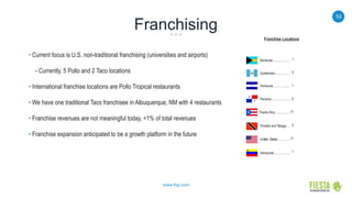 53
www.frgi.com
Franchising
Franchise Locations
Bahamas....................
Honduras ....................
Guatemala..................
Panama.......................
Puerto Rico .................
Trinidad and Tobago …
Venezuela...................
United States…………..
1
3
1
5
17
2
11
1
• Current focus is U.S. non-traditional franchising (universities and airports)
- Currently, 5 Pollo and 2 Taco locations
• International franchise locations are Pollo Tropical restaurants
• We have one traditional Taco franchisee in Albuquerque, NM with 4 restaurants
• Franchise revenues are not meaningful today, <1% of total revenues
• Franchise expansion anticipated to be a growth platform in the future
 