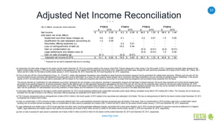57
www.frgi.com
Adjusted Net Income Reconciliation
(a) Impairment and other lease charges for the twelve months ended December 30, 2012 are primarily related to the closure of five Pollo Tropical restaurants in New Jersey in the first quarter of 2012. Impairment and other lease charges for the
twelve months ended January 3, 2016 are primarily related to the suspension of our Cabana Grill concept at the end of fiscal 2015. Impairment and other lease charges for each period are presented net of taxes of $0.9 million, $0.1 million, $0.1
million and $2.4 million for the twelve months ended January 3, 2016, December 28, 2014, December 29, 2013 and December 30, 2012, respectively.
(b) Prior to the spin-off from Carrols Restaurant Group, Inc. ("Carrols"), certain sale-leaseback transactions were classified as lease financing transactions because Carrols guaranteed the related lease payments. Effective upon the spin-off, the
provisions that previously precluded sale-leaseback accounting were cured or eliminated. As a result, the real property leases entered into in connection with these transactions are now recorded as operating leases. Additionally, in the second
quarter of 2012, we exercised purchase options associated with the leases for five restaurant properties also previously accounted for as lease financing obligations and purchased those properties from the lessor.
The amount reported as "qualification for sale leaseback accounting" represents the net increase in rent expense, decrease in depreciation expense and decrease in interest expense, that would have impacted net income had the leases been
accounted for as operating leases for all periods presented, based on the deferred gain on sale-leaseback transactions calculated at the time of the spin-off, and had the five properties been owned for the full year ended December 30, 2012.
Qualification for sale leaseback accounting is shown net of taxes of $0.6 million in the twelve months ended December 30, 2012. This amount is included for comparative purposes only, and may not be indicative of what actual results would have
been had the qualification for sale-leaseback accounting treatment of these leases (and the treatment of such leases as operating leases) occurred on the dates described above.
(c) Secondary offering expenses for the twelve months ended December 29, 2013 include expenses related to the underwritten secondary public equity offering completed during March 2013 totaling $0.4 million. The Company did not receive any
proceeds from the sale of shares in the offering. Secondary offering expenses are presented net of taxes of $0.2 million.
(d) The Company recognized a loss on extinguishment of debt of $16.4 million in the fourth quarter of 2013 related to the repurchase and redemption of its Notes. The loss on extinguishment of debt for the twelve months ended December 29, 2013
is presented net of taxes of $5.9 million.
(e) Gain on condemnation in 2015 primarily includes a previously deferred gain from a sale-leaseback transaction that was recognized upon termination of the lease. Gain on condemnation in 2014 includes a gain from a condemnation award
resulting from an eminent domain proceeding. Gain on condemnation for each period is presented net of taxes of $(0.1) million and $(0.2) million for the twelve months ended January 3, 2016 and December 28, 2014, respectively.
(f) Legal settlements and related costs in 2015 include legal fees and other costs, including estimated settlement charges, associated with a class action litigation, and in 2014 include the benefit of a payment received as settlement of a litigation
matter. Legal settlements and related costs for each period are presented net of taxes of $0.6 million and $(0.2) million for the twelve months ended January 3, 2016 and December 28, 2014, respectively.
(g) Gain on sale of property for each period is presented net of taxes of $(0.2) million and $(0.0) million for the twelve months ended December 29, 2013 and December 30, 2012, respectively.
($s in millions, except per share amounts)
$ EPS $ EPS $ EPS $ EPS
Net Income 8.3$ 0.35$ 9.3$ 0.39$ 36.2$ 1.35$ 38.5$ 1.44$
Add (each net of tax effect):
Impairment and other lease charges (a) 4.6 0.20 0.1 - 0.2 0.01 1.5 0.05
Qualification for sale leaseback accounting (b) 1.2 0.05 - - - - - -
Secondary offering expenses (c) - - 0.3 0.01 - - - -
Loss on extinguishment of debt (d) - - 10.5 0.44 - - - -
Gain on condemnation (e) - - - - (0.3) (0.01) (0.2) (0.01)
Legal settlements and related costs (f) - - - - (0.3) (0.01) 1.0 0.04
Gain on sale of property (g) (0.1) - (0.3) (0.01) - - - -
Adjusted net income & EPS 14.1$ 0.60$ 19.9$ 0.83$ 35.7$ 1.33$ 40.8$ 1.52$
* Amounts do not add to adjusted total due to rounding
FY2012 FY2013 FY2014 FY2015
 