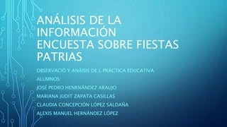 ANÁLISIS DE LA
INFORMACIÓN
ENCUESTA SOBRE FIESTAS
PATRIAS
OBSERVACIÓ Y ANÁISIS DE L PRÁCTICA EDUCATIVA
ALUMNOS:
JOSÉ PEDRO HENRNÁNDEZ ARAUJO
MARIANA JUDIT ZAPATA CASILLAS
CLAUDIA CONCEPCIÓN LÓPEZ SALDAÑA
ALEXIS MANUEL HERNÁNDEZ LÓPEZ
 