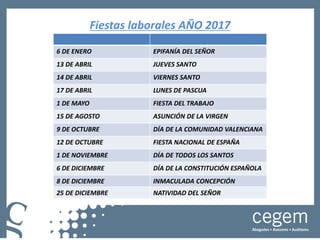 Fiestas laborales AÑO 2017
6 DE ENERO EPIFANÍA DEL SEÑOR
13 DE ABRIL JUEVES SANTO
14 DE ABRIL VIERNES SANTO
17 DE ABRIL LUNES DE PASCUA
1 DE MAYO FIESTA DEL TRABAJO
15 DE AGOSTO ASUNCIÓN DE LA VIRGEN
9 DE OCTUBRE DÍA DE LA COMUNIDAD VALENCIANA
12 DE OCTUBRE FIESTA NACIONAL DE ESPAÑA
1 DE NOVIEMBRE DÍA DE TODOS LOS SANTOS
6 DE DICIEMBRE DÍA DE LA CONSTITUCIÓN ESPAÑOLA
8 DE DICIEMBRE INMACULADA CONCEPCIÓN
25 DE DICIEMBRE NATIVIDAD DEL SEÑOR