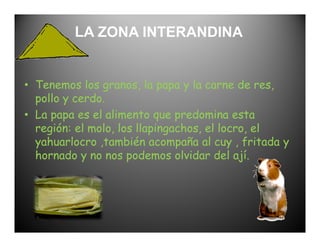 LA ZONA INTERANDINA


• Tenemos los granos, la papa y la carne de res,
  pollo y cerdo.
• La papa es el alimento que predomina esta
  región: el molo, los llapingachos, el locro, el
  yahuarlocro ,también acompaña al cuy , fritada y
  hornado y no nos podemos olvidar del ají.
 