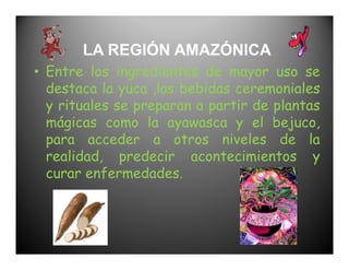 LA REGIÓN AMAZÓNICA
• Entre los ingredientes de mayor uso se
  destaca la yuca ,las bebidas ceremoniales
  y rituales se preparan a partir de plantas
  mágicas como la ayawasca y el bejuco,
  para acceder a otros niveles de la
  realidad, predecir acontecimientos y
  curar enfermedades.
 