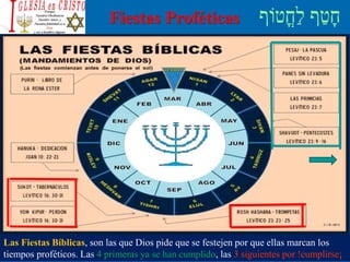 Fiestas Proféticas
Las Fiestas Bíblicas, son las que Dios pide que se festejen por que ellas marcan los
tiempos proféticos. Las 4 primeras ya se han cumplido, las 3 siguientes por !cumplirse¡
 