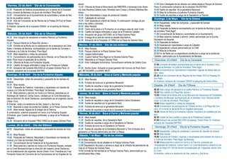 lencia.                                                                           17.00 Gran Cabalgada de las añadas con salida desde el Parque de Dolores
                                                                               13.30 Ofrenda de flores al Monumento del RIBERER y homenaje a los ribere-         Piera. A continuación actuación de la orquesta VALENTINO.
21.00 Pasacalle de festeros acompañados por la banda de la Sociedad            ros Juan Bautista Cabrera Ivars, Silvestre Ivars Crespo y Antonio Martinez Ber-   19.00 Suelta de vaquillas de la ganadería Benavent.
lírica y musical de Benissa y el grupo de xirimiters “Pere Bigot”              tomeu.                                                                            20.30 Misa de la Novena a la patrona Puríssima Xiqueta
22.00 Concentración en el Ayuntamiento de autoridades y reinas de fies-        14.00 Gran Mascletada a cargo de pirotecnia Caballer,                             23.30 Suelta de vaquillas a cargo de la Ganadería La Paloma.
tas de los pueblos vecinos                                                     18.30 Cabalgata de carrozas
22.30 Acto de Coronación de las Reinas de la Fiestas 2010 en el Paseo          19.30 Gran espectáculo infantil de Disney. A continuación, entrega de pre-
Dolores Piera.                                                                 mios a las calles y carrozas.                                                     08.00 Despertada, volteo de campanas y pasacalle de bandas.
Al finalizar, actuación de la orquesta CRASH en el parking de Dolores          20.30 Misa Rezada                                                                 08.30 Misa rezada
Piera.                                                                         24.00 Canto de la salve a la Puríssima, en la antigua casa de Joan Vives          10.00 Pasacalle de festeros acompañados por la banda de Benissa y grupo
                                                                               00.30 Castillo de fuegos artificiales a cargo de la Pirotecnia Caballer           de xirimiters "Pere Bigot"
                                                                               01.00 Actuación del grupo SECOND, en la Plaza Dolores Piera.                      11.00 Concentración de festeros y autoridades en el Ayuntamiento.
08.30 Acto Litúrgico de saludación a nuestra Patrona La Puríssima              02.00 Entrega de la vara de mando al alcalde dels fadrins                         11.30 Misa solemne cantada y sermón, orfeón patrocinado por la Excma.
Xiqueta                                                                        02.30 Actuación de la Orquesta LA TRIBU en la Plaza de Dolores Piera.             Diputación de Alicante.
10.30 Parque Infantil en la Plaza Rei Jaume I.                                                                                                                   13.30 Pasacalle de festeros.
13.00 Entrada de la Murta con la colaboracón de la asociación de Caba-                                                                                           14.00 Espectacular mascletada a cargo de Caballer.
llistes i Carreters de Benissa, acompañados por la banda de Cornetas y         08.30 Misa Rezada.                                                                19.00 espectáculo cultural patrocinado por la CAM
Tambores y la Colla de Xirimiters “Pere Bigot”.                                10.00 Parque infantil en la Plaza Dolores Piera.                                  20.30 Misa de la Novena
19.00 Misa vespertina y volteo de campanas.                                    11.00 Juegos tradicionales.                                                       22.00 Fin de fiesta con un espectáculo pirotécnico a cargo de la pirotecnia
19.15 Concentración de participantes de la Ofrenda, en la Plaza del Con-       12.00 Cuarto Festival Pere Bigot en la Glorieta Dolores Piera.                    Caballer, patrocinado por el Ayuntamiento de Benissa.
vento. Para iniciar el pasacalle de la ofrenda.                                14.00 Mascletá en el Parque Dolores Piera
19.30 Ofrenda de flores a la Puríssima Xiqueta                                 18.30 Gran Cabalgata humorística. Concentración enfrente de Cellers Cres-
00.30 Castillo de fuegos artificiales a cargo de la Pirotecnia Caballer        po.                                                                               21.00 Cercavila de festers acompanyats per la banda de la Societat Lírico i
01.00 Actuación del cantante MELENDI en el paseo Dolores Piera. Al             23.30 Noche Joven. Actuarán el grupo ganador del Concurs de Rock Abori-           Musical de Benissa i la Colla de Xirimiters “Pere Bigot”.
finalizar, actuación de la orquesta MATRIX.                                    gen, BETAGARRI y la KINKY BEAT.                                                   22.00 Concentració en l’Ayuntament d’autoritats i regines de festes dels po-
                                                                                                                                                                 bles veins.
                                                                                                                                                                 22.30 Acte de Coronació de les Regines de les Festes 2010 al Passeig Do-
08.00 Despertada, volteo de campañas y pasacalle de las bandas de              08.30   Misa Rezada                                                               lors Piera.
música.                                                                                                                                                          En finalitzar, actuació de l’orquesta CRASH al párquing de Dolors Piera.
                                                                               18.30   Entrada de toros por la ganadería Benavent
08.30 Misa rezada.
                                                                               19.00   Suelta de vaquillas a cargo de la ganadería Doménech.
10.00 Pasacalle de Festeros, mayorales y clavariesas con bandas de
música y la Colla de Xirimiters “Pere Bigot” de Benissa.                       23.30   Suelta de vaquillas de la ganadería Ifach                                 08.30 Acte Litúrgic de salutació a la nostra Patrona La Puríssima Xiqueta
11.30 Misa solemne y sermón en honor a la Patrona, presidida por el                                                                                              10.30 Parc Infantil a la Plaça Rei Jaume I.
Arzobispo de Valencia, Carlos Osoro, cantada por la Coral Benissenca,                                                                                            13.00 Entrada de la Murta amb la col—laboració de l’associació de Cavallistes
bajo la dirección de Javier Santacreu, acompañado por el organista Jaume       08.30   Misa rezada                                                               i Carreters de Benissa, acompanyats per la Societat Lírico i Musical de Be-
Ortolá i Font.                                                                 11.30   Suelta de vaquillas a cargo de la Ganadería Carlos Doménech               nissa i la Colla de Xirimiters “Pere Bigot”.
Al finalizar, visita a la residencia de San Joaquín y Sta Anna                 19.00   Suelta de vaquillas por la ganadería Ifach.                               19.00 Missa vespertina y volteig de campanes.
14.00 Mascletá a cargo de pirotecnia Caballer, en el Paseo Dolores Piera       23.00   Entrada de toros por la ganaderia Benavent                                19.15 Concentració de participants de l’Ofrena de flors, a la Plaça del Con-
19.00 Misa rezada, bajada de la imagen de la Patrona.                          23.30   Suelta de vaquillas a cargo de la Ganadería Carlos Domenech.              vent, a fi d’iniciar la cercavila fins a l’església parroquial.
A continuación, solemne procesión en honor a la Puríssima Xiqueta.                                                                                               19.30 Ofrena de flors a la Puríssima Xiqueta i imposició de medalles als fes-
Al finalizar, gran Castillo de fuegos artificiales, a cargo de la Pirotécnia                                                                                     ters.
Caballer.                                                                      08.30 Misa rezada.                                                                00.30 Castell de focs d’artifici a carrec de la Pirotécnica Caballer.
00.30 Actuación de la Orquesta YING-YANG en el paseo Dolores Piera.            11.30 Suelta de vaquillas, de la Ganadería Ifach.                                 01.00 Actuació del cantant MELENDI al passeig Dolors Piera. En finalitzar,
                                                                               19.00 Suelta de vaquillas a cargo de la Ganadería la Paloma.                      actuació de l’orquesta MATRIX..
                                                                               23.00 Entrada de toros de la Ganadería La Paloma
08.00 Despertada, volteo de campanas y pasacalle de bandas de músi-            23.30 Suelta de vaquillas de la Ganadería Benavent y Toro Embolao de la
ca.                                                                            ganaderia La Paloma patrocinado por Bar La Raspa.                                 08.00 Despertada, volteig de campanes y cercavila de bandes de música.
08.30 Misa Rezada                                                                                                                                                08.30 Misa resada.
10.00 Pasacalle de Festeros, Mayorales y Clavariesas con bandas de                                                                                               10.00 Cercavila de Festers, majorals y clavariesses amb bandes de música y
música y la Colla de Xirimiters Pere Bigot.                                    08.30 Misa rezada                                                                 la Colla de Xirimiters “Pere Bigot” de Benissa.
11.00 Concentración de los Festeros en el Ayuntamiento.                        11.00 Concentración de las añadas en el Parque Dolores Piera.                     11.30 Missa solemne y sermó en honor a la Patrona, presidida per
11.30 Misa solemne y sermón en honor a la Puríssima Xiqueta, cantada           12.00 Degustación de pulpo y cerveza a cargo de la cofradía de pescadores de      l’Arquebisbe de Valéncia, Carlos Osoro. La Coral Benissenca cantará la mis-
por la Coral Benissenca bajo la dirección del maestro Javier Santacreu,        Calp en el Parque de Dolores Piera.                                               sa en Do Major KV 259 de Mozart acompanyada per l’organista Jaume Orto-
con la colaboración del organista Jaume Ortolá i Font. Presidida por Fray      14.00 Comida de hermandad en el Parque Dolores Piera, patrocinada por su-         lá i Font.
Fernando Hueso del Convento de los Franciscanos de los Angeles de Va-          permercados Mas y Mas.                                                            Al finalitzar, visita a la residencia de San Joaquím y Sta Anna.
 