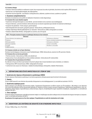 Item 203

2-2. Examen clinique
ƒƒPréciser l’état de la totalité du revêtement cutané, des muqueuses buccales et génitales, des dents et de la sphère ORL (tympans).
ƒƒRechercher une hépatosplénomégalie, des adénopathies.
ƒƒExaminer tous les appareils : auscultation cardiopulmonaire, abdomen, système nerveux, système uro-génital.
3. Examens complémentaires
Certaines circonstances vont justifier la réalisation d’examens à visée diagnostique.
3-1. Examens liés à une situation urgente
ƒƒSyndrome méningé (méningite) ou coma fébrile : ponction lombaire et/ou examens neuroradiologiques
ƒƒPurpura fulminans : ponction lombaire, hémocultures (qui ne doivent cependant pas retarder le traitement antibiotique).
ƒƒSuspicion de paludisme : frottis sanguin, goutte épaisse.
ƒƒDermohypodermite nécrosante, gangrène gazeuse : hémocultures, prélèvements locaux.
ƒƒColique néphrétique fébrile (pyélonéphrite sur obstacle) : hémocultures, ECBU, échographie ou scanner.
ƒƒDouleurs abdominales fébriles : échographie ou scanner, avis chirurgical.

 T203-1 : Principales situations d’urgence en pathologie infectieuse et leur traitement
                                          Infections                                                                      Traitements
 Purpura fulminans, état septique grave                                              Ceftriaxone ou céfotaxime
 Paludisme                                                                           Quinine, artéméther-luméfantrine ou atovaquone-proguanil
 Méningite purulente                                                                 Ceftriaxone ou céfotaxime
 Méningo-encéphalite                                                                 Aciclovir et amoxicilline
 Érysipèle                                                                           Pénicilline ou amoxicilline
 Cellulite extensive

3-2. Examens orientés sur un foyer infectieux
Examens bactériologiques nécessaires avant l’antibiothérapie : ECBU, hémocultures, examen du LCR, ponction d’abcès.
3-3. Examens liés à un terrain particulier
ƒƒFemme enceinte : hémocultures, ECBU, avis obstétrical.
ƒƒ porteur d’une valvulopathie ou d’une prothèse valvulaire : hémocultures (Cf. endocardite).
  Sujet
3-4. Examens liés à la persistance de la fièvre
Au-delà de 2 à 5 jours de fièvre (permettant d’écarter la plupart des viroses banales) et sans orientation, on réalisera :
ƒƒhémogramme, CRP, transaminases, ECBU, radiographie thoracique
ƒƒrecherche d’une cause non infectieuse : maladie thromboembolique, hémopathie, maladie inflammatoire.



 II    DéFINITIONS DES éTATS INFECTIEUX (CF. ITEM N° 200)

1. Syndrome de réponse inflammatoire systémique (SRIS)
C’est la réponse inflammatoire systémique à certaines agressions cliniques graves (pas forcément infectieuses).
2. Sepsis
C’est un SRIS associé à une infection documentée cliniquement ou microbiologiquement. La mortalité est estimée à 10-15 %.
3. Syndrome septique grave
Sepsis associé à une altération des fonctions vitales : hypotension (l'hypotension se définit comme une TA systolique  90 mmHg ou une réduction
d'au moins 40 mmHg des chiffres tensionnels habituels en l'absence d'autres causes connues d'hypotension, médicaments hypotenseurs, choc car-
diogénique, hémorragique, hypovolémique), acidose lactique, oligurie, encéphalopathie aiguë, hypoxémie inexpliquée, coagulopathie. La mortalité est
estimée à 20-30 %.
4. Choc septique
Il associe sepsis et hypotension artérielle persistante malgré un remplissage vasculaire adéquat et/ou la nécessité de drogues inotropes ou vasopres-
sives. La mortalité est estimée à 40-50 %.
En présence d’un sepsis grave ou d’un choc septique, l’hospitalisation en unité de réanimation est la règle.



 III IDENTIFIER LES CRITèRES DE GRAVITé D’UN SYNDROME INFECTIEUX
Cf. Item n°200 et Chap. 12, E. PILLY 2012.




                                                               Pilly - Préparation ECN - Item 203 - ©CMIT

                                                                                  204
 