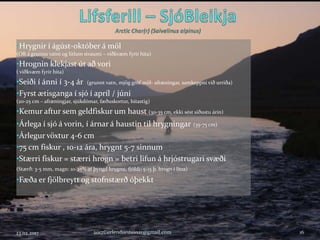 •Hrygnir í ágúst-október á möl
(Oft á grunnu vatni og litlum straumi – viðkvæm fyrir hita)
•Hrognin klekjast út að vori
( viðkvæm fyrir hita)
•Seiði í ánni í 3-4 ár (grunnt vatn, mjög gróf möl- afræningar, samkeppni við urriða)
•Fyrst ætisganga í sjó í apríl / júní
(20-25 cm – afræningjar, sjúkdómar, fæðuskortur, hitastig)
•Kemur aftur sem geldfiskur um haust (30-35 cm, ekki sést síðustu árin)
•Árlega í sjó á vorin, í árnar á haustin til hrygningar (35-75 cm)
•Árlegur vöxtur 4-6 cm
•75 cm fiskur , 10-12 ára, hrygnt 5-7 sinnum
•Stærri fiskur = stærri hrogn = betri lifun á hrjóstrugari svæði
(Stærð: 3-5 mm, magn: 10-25% af þyngd hrygnu, fjöldi: 5-15 þ. hrogn í lítra)
•Fæða er fjölbreytt og stofnstærð óþekkt
23.02.2017 2017©erlendursteinar@gmail.com 16
 
