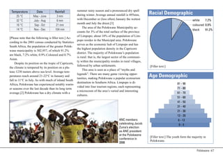 summer rainy season and a pronounced dry spell
 Temperature         Date            Rainfall
                                                      during winter. Average annual rainfall is 495mm,        Racial Demographic
    25 °C          May - June          3 mm
    32 °C          July - Aug          6 mm           with December or (less often) January the wettest                                         white    7.2%
                                                      month and July the driest.[3]
    16 °C          Sep - Oct          21 mm                                                                                                     coloured 0.9%
                                                           The area of the Polokwane Municipality ac-
    14 °C          Nov - Dec         104 mm                                                                                                     black    91.2%
                                                      counts for 3% of the total surface of the province
                                                      of Limpopo; about 10% of the population of Lim-
[Please note that the following is filler text.] Ac-
                                                      popo resides in the Municipal area. Polokwane
cording to the 2001 census conducted by Statistics
                                                      serves as the economic hub of Limpopo and has
South Africa, the population of the greater Polok-
                                                      the highest population density in the Capricorn
wane municipality is 302,957, of which 91.2%
                                                      district. The majority of Polokwane’s population
are black, 7.2% white, 0.9% Coloured and 0.7%
                                                      is rural: that is, the largest sector of the communi-
Asian.
                                                      ty within the municipality resides in rural villages,
     Despite its position on the tropic of Capricorn,
                                                      followed by urban settlements.                          [Filler text:]
the climate is tempered by its position on a pla-
                                                          This area is seen as a place of “myths and
teau 1230 meters above sea level. Average tem-
                                                      legends”. There are many game viewing oppor-
peratures reach around 21-22°C in January and
                                                      tunities, making Polokwane a popular ecotourism
                                                                                                              Age Demographic
fall to 11°C in July. As with much of inland South
                                                      destination in Southern Africa. Limpopo is di-                                81 - 90
Africa, Polokwane has experienced notably warm-
                                                      vided into four tourism regions, each representing
er seasons over the last decade than its long term                                                                                  71 - 80
                                                      a microcosm of the area’s varied and interesting
average.[2] Polokwane has a dry climate with a                                                                                      61 - 70
                                                      cultures.
                                                                                                                                    51 - 60
                                                                                                                                    41 - 50
                                                                                                                                    31 - 40
                                                                                                                                    21 - 30
                                                                                                                                    13 - 20
                                                                                         ANC members                                 6 - 12
                                                                                         celebrating Jacob                            0-5
                                                                                         Zuma’s election
                                                                                         as ANC president
                                                                                         at the Polokwane
                                                                                                              [Filler text:] The youth form the majority in
                                                                                         conference in
                                                                                                              Polokwane.
                                                                                         2008

                                                                                                                                                   Polokwane 67
 
