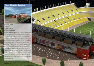 Peter Mokaba Stadium




Capacity: 46,000
Address:
Architect: Roydon
Cost: R1,100,000,000
History: [Filler text:] Mokaba, a member of parliament
and deputy minister in Nelson Mandela’s government,
was 43 when he died of acute pneumonia linked to a
respiratory problem, following an illness of three years.
Born into a poor labouring family, he was expelled from
school as a troublemaker after the student revolt of
the 1970s, working later as a gardener while trying to
make up for his lost education. He was elected Presi-
dent of the South African Youth Congress (Sayco) in
1987, towards the end of the period of mass township
revolt in which he won his spurs with repeated arrests
and two jail sentences. Sayco was effectively the old
ANC Youth League under another name, while the ANC
remained banned.


Polokwane 66
 