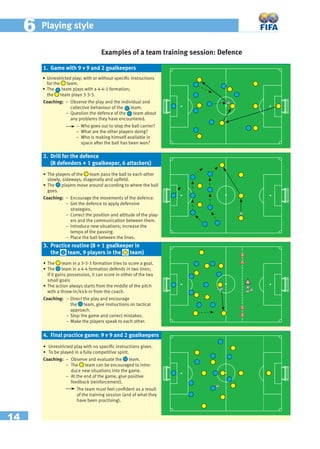 14
66 Playing style
Examples of a team training session: Defence
• Unrestricted play; with or without speciﬁc instructions
for the team.
• The team plays with a 4-4-1 formation;
the team plays 3-3-3.
Coaching: − Observe the play and the individual and
collective behaviour of the team.
− Question the defence of the team about
any problems they have encountered.
− Who goes out to stop the ball carrier?
− What are the other players doing?
− Who is making himself available in
space after the ball has been won?
• The players of the team pass the ball to each other
slowly, sideways, diagonally and upﬁeld.
• The players move around according to where the ball
goes.
Coaching: − Encourage the movements of the defence.
− Get the defence to apply defensive
strategies.
− Correct the position and attitude of the play-
ers and the communication between them.
− Introduce new situations; increase the
tempo of the passing.
− Place the ball between the lines.
• The team in a 3-3-3 formation tries to score a goal.
• The team in a 4-4 formation defends in two lines;
if it gains possession, it can score in either of the two
small goals
• The action always starts from the middle of the pitch
with a throw-in/kick-in from the coach.
Coaching: − Direct the play and encourage
the team, give instructions on tactical
approach.
− Stop the game and correct mistakes.
− Make the players speak to each other.
• Unrestricted play with no speciﬁc instructions given.
• To be played in a fully competitive spirit.
Coaching: − Observe and evaluate the team.
− The team can be encouraged to intro-
duce new situations into the game.
− At the end of the game, give positive
feedback (reinforcement).
The team must feel conﬁdent as a result
of the training session (and of what they
have been practising).
1. Game with 9 v 9 and 2 goalkeepers
2. Drill for the defence
(8 defenders + 1 goalkeeper, 6 attackers)
3. Practice routine (8 + 1 goalkeeper in
the team, 9 players in the team)
4. Final practice game: 9 v 9 and 2 goalkeepers
 