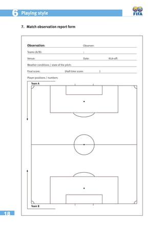 18
66 Playing style
7. Match observation report form
Observation: Observer:
Teams (A/B): :
Venue: Date: Kick-off:
Weather conditions / state of the pitch:
Final score: (Half-time score: )
Player positions / numbers
Team B
Team A
 
