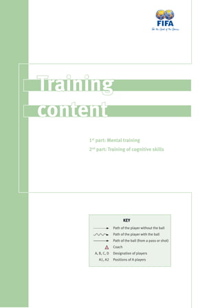 TrainingTraining
contentcontent
Path of the player without the ball
Path of the player with the ball
Path of the ball (from a pass or shot)
Coach
Designation of players
Positions of A players
A, B, C, D
A1, A2
KEY
1st
part: Mental training
2nd
part: Training of cognitive skills
 