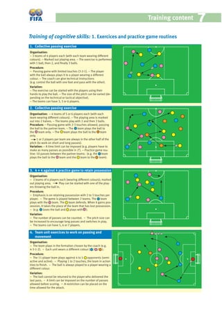 Training content 77
Training of cognitive skills: 1. Exercices and practice game routines
4. Jeu 4 + 4 contre 4 pour conserver le ballon
et conclusion
1. Exercice collectif de passes
2. Exercice collectif de passes
Organisation:
− 3 teams of 4 players each (with each team wearing different
colours). − Marked out playing area. − The exercise is performed
with 1 ball, then 2, and ﬁnally 3 balls.
Procedure:
− Passing game with limited touches (3-2-1). − The player
with the ball always plays it to a player wearing a different
colour. − The coach can give technical instructions
(e.g. control the ball with one foot and pass with the other).
Variation:
− The exercise can be started with the players using their
hands to play the ball. − The size of the pitch can be varied (de-
pending on the technical or tactical objective).
− The teams can have 3, 5 or 6 players.
Organisation: − 4 teams of 5 or 6 players each (with each
team wearing different colours). − The playing area is marked
out into 2 halves. − The teams play with 2 and then 3 balls.
Procedure: − Passing game with 2-3 touches allowed, passing
the ball to the partner team. − The team plays the ball to
the team only. − The team plays the ball to the team
only.
1 or 2 players per team are always in the other half of the
pitch (to work on short and long passes).
Variation: − A time limit can be imposed (e.g. players have to
make as many passes as possible in 2’). − Practice game rou-
tine: 10 passes between the partner teams: (e.g. the team
plays the ball to the team and the team to the team).
Organisation:
− 3 teams of 4 players each (wearing different colours); marked
out playing area. Play can be started with one of the play-
ers throwing the ball in.
Procedure:
− Emphasis is on retaining possession with 2 to 3 touches per
player. − The game is played between 2 teams. The team
plays with the team. The team defends. When it gains pos-
session, it takes the place of the team that has lost possession.
− (e.g. loses the ball and plays with ).
Variation:
− The number of passes can be counted. − The pitch size can
be increased to encourage long passes and switches in play.
− The teams can have 5, 6 or 7 players.
4. Team unit exercices to work on passing and
movement
1. Collective passing exercise
3. 4 + 4 against 4 practice game to retain possession
2. Collective passing exercise
Organisation:
− The team plays in the formation chosen by the coach (e.g.
4-3-1-2). − Each unit wears a different colour ( / / ).
Procedure:
− The 11-player team plays against 4 to 5 opponents (semi-
active and active). − Playing 1 to 2 touches, the team in action
tries to ﬁnish. − The ball is always played to a player wearing a
different colour.
Variation:
− The ball cannot be returned to the player who delivered the
last pass. − A limit can be imposed on the number of passes
allowed before scoring. − A restriction can be placed on the
time allowed for the attack.
 