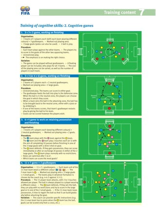 Training content 77
Training of cognitive skills: 2. Cognitive games
Organisation:
− 3 teams of 3 players each (with each team wearing different
colours) + 3 goalkeepers. − Marked out playing area.
− 3 large goals (poles can also be used). − 1 ball in play.
Procedure:
− Each team plays against the other teams. − The players try
to score in the goals of the other two opposing teams.
− Unrestricted play.
The emphasis is on making the right choice.
Variation:
− The game can be played without goalkeepers. − A ﬂoating
player can be included, who plays for all 3 teams. − The size
of the playing area can be varied, as well as the number of
players in each team.
Organisation:
− 2 teams of 3 players each + 2 neutral goalkeepers.
− Marked out playing area + 2 large goals.
Procedure:
− Unrestricted play. The teams can score in either goal.
− The goalkeeper feeds the ball into play in the defensive zone.
When the ball is in the neutral zone, the players can choose
the goal in which they score.
− When a team wins the ball in the attacking zone, the ball has
to be brought back to the neutral zone, either with a pass or
by dribbling it.
− If one of the teams scores, that team’s goalkeeper restarts
play by giving the ball to his team.
− Goals can be scored however the players wish.
1. 3 v 3 v 3 game, working on ﬁnishing
3. 4 v 4 game to work on retaining possession
and ﬁnishing
Organisation: − 11 v 7 + goalkeepers. − Each team unit of the
11-man team wears a different colour ( / / ). − The
7-man team is . − Marked out playing area + 2 large goals
+ 2 small goals. − The teams play in whatever formation is
chosen by the coach (e.g. 4-4-2 against 3-3-1).
Procedure: − The 11-player team attacks, with 2 to 3 touches
allowed per player. The ball is always played to a player wearing
a different colour. − The team defends. If they win the ball,
they can play with no restrictions and try to score in the large
goal or in one of the 2 small goals. − If the 11-man team loses
possession, it tries to regain the ball so that it can build gradu-
ally before attacking the goal.
Variation: − The coach can provide speciﬁc instructions (e.g.
the 11-man team has to press when the team has the ball,
goals can be scored only from a cross, etc.).
4. 11 v 7 game + 2 goalkeepers
2. 3 v 3 (or 4 v 4) game, working on ﬁnishing
Neutral
zone
1
2
3
4
Organisation:
− 3 teams of 4 players each (wearing different colours) +
2 neutral goalkeepers. − Marked out playing area + 2 goals.
Procedure:
− The team plays with the team against the team.
The team and the team play 2 touches each (or 1) with
the aim of completing 10 passes before ﬁnishing in one of
the 2 large goals with a direct shot on goal.
− The team defends. If they gain possession, they can score
immediately or after an exchange of passes in either of the 2
large goals. The team plays normally with no restrictions.
− Roles are switched after 5 to 6’.
− Which team can score the most goals?
 
