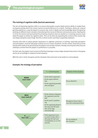 8
77 The psychological aspect
The training of cognitive skills (tactical awareness)
The aim of improving cognitive skills is to ensure that players acquire better tactical ability to enable them
to respond quickly and in the correct manner to events that occur in a match. Training is, above all, a way of
gaining experience, a way for players to acquire new, more in-depth and real knowledge about the game by
working on different match situations that develop their sense of reﬂection and tactical acumen. Bearing this
in mind, the tactical and tactical/technical training situations that are worked on in training sessions must
allow the player to realise his cognitive skills. This can be done by expanding the content of the session (by
not always doing the same thing). And this is where active coaching is especially important.
Coaches who wish to attach greater importance to cognitive processes in training, especially perception
and anticipation, must be fully aware of what occurs in match situations. For this reason, they have to know
exactly what needs to be perceived by the players and at what moment, thereby ensuring that what they are
seeking to achieve from the players in performance is possible.
For their part, the players have to learn to ﬁnd their bearings in every single situation that arises in the game
and to act accordingly in response to that situation.
With this aim in mind, the game and the situations that arise have to be worked on and analysed.
Example: the strategy of perception
WHERE
must I look?
WHAT
must I look at?
IF...........
then I will...........
1 v 1 attacking play Analysis of the situation
− At the direct opponent
− At the space behind
him
– At the opposing penalty
area and goal
− At the distance between
the opponent and the
ball
− At the team’s position-
ing
– At the opposing player’s
hip area and the posi-
tion of his legs
(standing leg)
Focus attention
− If the opponent turns
to come inside, then I
will play the ball and
immediately run on the
outside.
Recognise these indica-
tors and understand them
Act according to
the situation
 