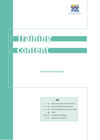 TrainingTraining
contentcontent
Physical ﬁtness training
Path of the player without the ball
Path of the player with the ball
Path of the ball (from a pass or shot)
Coach
Designation of players
Positions of A players
A, B, C, D
A1, A2
KEY
 