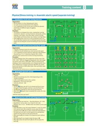 Training content 88
Physical ﬁtness training: 4. Anaerobic alactic speed (separate training)
Organisation:
− All the players in a line, following each other.
− 10 cones set out as illustrated in the diagram.
− 2 to 3 repetitions of the circuit; then recovery by dynamic
stretching and different types of juggling.
− Sets: 2 to 4x.
Procedure:
− The players run between the cones, varying their running
movements: dynamic running, forwards, backwards, strides,
hopping, cross steps, cross-over steps; normal running,
heels/thighs and knees/chest, low, medium and high skips.
− Slow jogging from cone 8 to 9, and acceleration from 9 to
10, acceleration (cyclical and co-ordinated speed) also with
hoops set out along the course for working on pace and foot-
work.
Organisation:
− 4 groups; working in pairs for each exercise.
− 4 different circuits marked out; cones set out 10m apart.
− 3 to 4 repetitions of each exercise; walk back. Rest between
the exercises 2’ to 3’. Intensity of speed: 80 to 100%.
The coach corrects the incorrect running movements.
Procedure:
1. Varied skipping 10m; then progressive sprints every 10m
(70% - 80% - 90%). 2. Staggered departures 10m, then diago-
nal sprints every 10m or 20m (80% -90%). 3. Varied bursts
(sideways, from a seated position, etc.), forward sprints 10 or
20m, followed by a change of direction (80-90%). 4. Varied
bursts and sprints at 100% effort (20m, 30m and 40m), main-
taining the tempo.
Can also be carried out as a competition between two teams.
Organisation:
− 2 teams.
− Marked out playing area (30 x 30m) depending on the
number of players.
− 6 (8) 2-metre gates (cones, discs, poles).
− Repetitions: 3 to 6 runs each pair.
− Intensity: HR 165 - 180
Procedure:
− The ﬁrst player sets off 1 to 2m ahead and has to pass
through at least ﬁve gates and then cross the ﬁnish line.
− The player attempts to catch him by touching him.
− After all the players have completed the course, the roles
are reversed.
How many wins per team?
1. Coordination circuit and running exercises
Organisation:
− 8 to 12 players per exercise. − Running distance: 30 - 40m.
− Repetitions: 3 to 5x, Sets: 2 to 3. Rest (1:10/1:20).
− Between sets 5’ to 6’. More than one station can be used.
Procedure:
− Player A makes a runs into space between 2 cones 5m apart,
then sprints hard; 20m along the course, plays the ball
passed to him by B, then at 30m controls the ball played to
him by C and runs with it at full speed to his waiting team
mate F; he then returns to the end of the line.
− After passing, B runs slowly to the departure point without
the ball.
− After passing, C runs slowly to take the place of B.
− When A receives the ball from C, D sets off and plays the
ball to E.
4. Speed exercises with the ball (integrated training)
2. Preparatory speed exercises (aiming for speed)
1
1
10-15m2 3
4
6
5
7
8
910
2 3 4
3. Speed game (pursuit course)
Arrival
A B C
D
E
15-20m
F
 