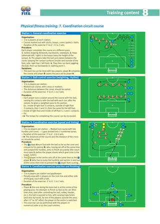 Training content 88
Physical ﬁtness training: 7. Coordination circuit course
Organisation:
− 3 to 6 players at each station.
− Course marked out with sticks, hoops, cones (poles) + balls.
Duration of the exercise 5’ to 6’. 11 to 2 sets.
Procedure:
Each player completes the course at a different pace.
1. Varied skipping (forwards, backwards, sideways). 2. Hops
(alternate left / right) in the hoops (vary the height of the
jumps). 3. The players take the ball and slalom between the
cones (varying the contact surfaces (inside and outside of the
foot, sole, right foot / left foot). 4. They then run back juggling
the ball, then run backwards to starting point 1.
Variations:
− The exercise can be done with two players; player A completes
the course and player B copies the pace set by player A.
Organisation:
− 3 to 6 players per station.
− Marked out course, with cones or markers.
− The distances between the cones should be varied.
− Duration of the exercise: 3’ to 4’; 1 to 2 sets.
Procedure:
− Each player runs a slalom around the course with the ball,
varying his contacts with the ball with each run; after the
slalom, he gives a weighted pass to his partner.
Ex.: inside of right foot 3 contacts, outside of right foot
3 contacts, then 2 and 1); then the same for the left foot.
− Inside of right foot and inside of left foot 3, 2 and 1 contacts.
− Etc.
The tempo for completing the course can be increased.
Organisation:
− 3 to six players per station. − Marked out course with low
hurdles and cones. − 1 goal divided into 3 numbered zones.
− Duration of the exercise: 3’ to 4’. 1 to 2 sets.
The distances of the course and the distance of the cross-
es should be varied.
Procedure:
− The player A runs fast with the ball as far as the cone and
crosses to his partner B, who, having set off at the same time
and jumped the hurdles, aims to ﬁnish accurately (the coach
must specify before the player shoots which goal zone is the
target: A/B/C).
− The player in the centre sets off at the same time as the
player B (who has to jump the hurdles) and sprints in and out
of the cones then tries to prevent the player from scoring.
Organisation:
− 3 to 6 players per station and goalkeeper.
− Penalty area with 5 players on the 16m line and either side
of the goal, each with a ball.
− Duration of the exercise: 3’ to 4’. 1 to 2 sets.
Procedure:
− Player A (the one doing the exercise) is at the centre of the
playing area. He attempts to ﬁnish as fast as he can (ﬁrst-
time shot, shot after controlling the ball, volley, header,
etc.); the ball is passed to him, with varying trajectories
(and also by hand), by one of the players outside the area;
after 15” to 20” effort, the player in the centre is switched.
− This exercise can be performed with the players in
numerical order or as the coach wishes.
Station 4: Coordination exercise (reaction and ﬁnishing)
Station 2: Ball-control exercise (weighting, rhythm)
Station 1: General coordination exercise
Station 3: Coordination exercise (speed and timing)
1
2 3
4
5
4
3
1
2
A B C
A B
A
 