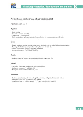 13
Physical preparation/development and training 88
The continuous training or long interval training method
Training zones 1 and 2
Objectives
• Basic training
• Endurance (aerobic capacity)
• Oxygenation + Capilliarisation
• Basic aerobic build-up (oxygen stores), thereby allowing the muscles to consume O2
better
Forms
• Slow to moderate running: jogging, cross-country running (e.g. in the forest for better oxygenisation)
• Running with the ball: passing practice with 2, 3 or more players, etc.
• Technical and technical/tactical drills with movement
• Uninterrupted games (7 v 7 / 8 v 8 / 9 v 9 / …)
Duration
• Between 20 and 60 minutes (50 mins is the optimum) 6 to 12 km
Intensity
• Low; 50 to 70% of MHR (oxygenation and capilliarisation)
• Medium to moderate; 70 to 80% of MHR
• Average heart rate of 120 to 160 beats / min
Alternative
• Continuous exertion (e.g. 30 mins or long-interval training with gradual increase in rhythm:
1 x 10 min at 70% and 2 x 10 mins at 80% of MHR)
• Long interval (e.g. 6 x 1000 m: twice in 5’15”, twice in 4’45”, twice in 4’30”)
 