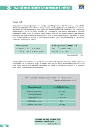 26
Physical preparation/development and training88
Cooper test
For practical reasons of organisation and also because of its proven results, the 12-minute Cooper Test is
still considered to be a useful reference test for physical activity, sport in general and football in particular.
The Cooper Test consists of running as far as possible in a time of 12 minutes. Once a track has been marked
out on the pitch (350 to 450 metres in length), the coaching staff have to count the number of laps com-
pleted by the player, as well as adding on the distance run in the last lap. Not only does the scale of value of
the Cooper Test allow us to assess performance, by virtue of the distance covered; it also allows us, on the
basis of this distance and by using an indirect formula, to work out an approximate value for VO2max and
the average aerobic speed in km/h.
Even though the Cooper test is heavily inﬂuenced by the individual player’s motivation, by his capacity for
development and by his state of fatigue at the time of the test, the results do nevertheless provide us with
some signiﬁcant indications about his performance and, above all, information that allows us to form more
equal groups for endurance training sessions.
VO2max formula
D x 0.022 – 10.39 = VO2max
3220 x 0.022 – 10.39 = 60.45 VO2max
Aerobic speed formula (MAS) in km/h
D x 5 = Aerobic speed
3220 x 5 = 16.1 km/h
Distance covered Level of performance
More than 3200 metres
2801 to 3200 metres
2401 to 2800 metres
2000 to 2400 metres
Less than 2000 metres
Very good
Good
Unsatisfactory
Poor
Very poor
Table of values from the Cooper Test for athletes who play team games
(Hagedorn and colleagues 1985)
“The best and only true test for a
footballer is the match itself.”
Sir Bobby Robson
(Marella, Risaliti, 1999)
 