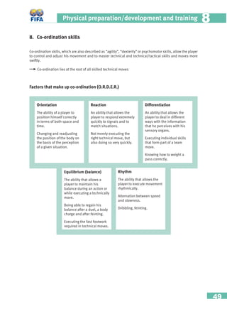 49
Physical preparation/development and training 88
8. Co-ordination skills
Co-ordination skills, which are also described as “agility”, “dexterity” or psychomotor skills, allow the player
to control and adjust his movement and to master technical and technical/tactical skills and moves more
swiftly.
Co-ordination lies at the root of all skilled technical moves
Factors that make up co-ordination (O.R.D.E.R.)
Orientation
The ability of a player to
position himself correctly
in terms of both space and
time.
Changing and readjusting
the position of the body on
the basis of the perception
of a given situation.
Reaction
An ability that allows the
player to respond extremely
quickly to signals and to
match situations.
Not merely executing the
right technical move, but
also doing so very quickly.
Differentiation
An ability that allows the
player to deal in different
ways with the information
that he perceives with his
sensory organs.
Executing individual skills
that form part of a team
move.
Knowing how to weight a
pass correctly.
Equilibrium (balance)
The ability that allows a
player to maintain his
balance during an action or
while executing a technically
move.
Being able to regain his
balance after a duel, a body
charge and after feinting.
Executing the fast footwork
required in technical moves.
Rhythm
The ability that allows the
player to execute movement
rhythmically.
Alternation between speed
and slowness.
Dribbling, feinting.
 