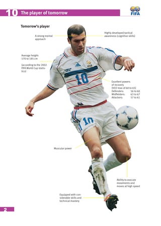 2
The player of tomorrow1010
Tomorrow’s player
Highly developed tactical
awareness (cognitive skills)
Excellent powers
of recovery
(VO2 max of 60 to 65)
Defenders: 56 to 60
Midﬁelders: 63 to 67
Attackers: 57 to 61
Ability to execute
movements and
moves at high speed
Equipped with con-
siderable skills and
technical mastery
Muscular power
A strong mental
approach
Average height:
170 to 185 cm
(according to the 2002
FIFA World Cup statis-
tics)
 