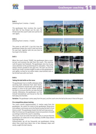 5
Goalkeeper coaching 1111
The goalkeeper then receives the coach’s
ball after he has thrown out his own. He
throws back the coach’s ball and catches his
own again.
Drill 3
(shooting from 5 metres - 2 balls)
The same as with Drill 3, but this time the
goalkeeper keeps the coach’s ball and kicks
his own ball, together with the one that he
has kept in his hands.
Drill 4
(shooting from 5 metres - 2 balls)
Drill 5
When the coach shouts “NOW”, the goalkeeper does a quar-
ter-turn and receives the ball from the coach. This exercise
calls for good, fast footwork. The goalkeeper also has to pay
close attention to the positioning of his shoulders. They must
always remain parallel to the goal line. The ball can also be
struck just under crossbar height to work on the goalkeeper’s
arm agility, so that he can either make a two-handed save or
tip the ball over with one hand.
Taking the ball while on the move
The goalkeeper has to shufﬂe sideways while
receiving balls delivered from both ﬂanks.
The ball deliverer should wait until the goal-
keeper is close to the post before sending
the ball in to ensure that he can take the ball
cleanly. Otherwise, the goalkeeper can ﬁnd
himself destabilised and forced to ﬁst the
ball away one-handed.
Drill 6
Variation: The goalkeeper comes away from the post, and the coach aims the ball at the area in front of the goal.
Pre-competition-phase training
The coach stands (approximately) 11 metres away from the
goalkeeper. He varies his shots at the goalkeeper (drop-kicks
and volleys), and moves out to the ﬂanks to play the ball in from
there as well. The goalkeeper bowls the ball out long overarm.
After his throw out, the goalkeeper moves (or positions himself)
according to where the coach is standing.
The coach must not strike the ball too hard, to ensure that the
goalkeeper can make one or two sideways shufﬂe steps before
catching the ball.
Unfortunately, we all too frequently see goalkeepers diving
when they could have taken one or two sideways steps and
easily caught the ball cleanly.
Drill 7
 