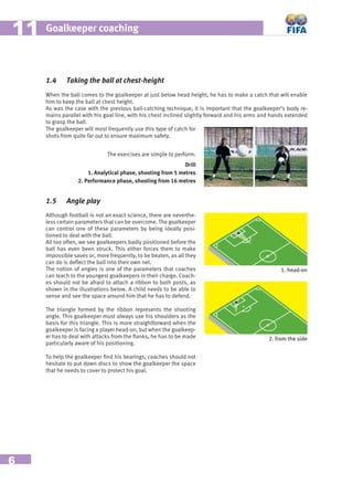 6
Goalkeeper coaching1111
1.4 Taking the ball at chest-height
When the ball comes to the goalkeeper at just below head height, he has to make a catch that will enable
him to keep the ball at chest height.
As was the case with the previous ball-catching technique, it is important that the goalkeeper’s body re-
mains parallel with his goal line, with his chest inclined slightly forward and his arms and hands extended
to grasp the ball.
The exercises are simple to perform:
Drill
1. Analytical phase, shooting from 5 metres
2. Performance phase, shooting from 16 metres
The goalkeeper will most frequently use this type of catch for
shots from quite far out to ensure maximum safety.
1.5 Angle play
Although football is not an exact science, there are neverthe-
less certain parameters that can be overcome. The goalkeeper
can control one of these parameters by being ideally posi-
tioned to deal with the ball.
All too often, we see goalkeepers badly positioned before the
ball has even been struck. This either forces them to make
impossible saves or, more frequently, to be beaten, as all they
can do is deﬂect the ball into their own net.
The notion of angles is one of the parameters that coaches
can teach to the youngest goalkeepers in their charge. Coach-
es should not be afraid to attach a ribbon to both posts, as
shown in the illustrations below. A child needs to be able to
sense and see the space around him that he has to defend.
The triangle formed by the ribbon represents the shooting
angle. This goalkeeper must always use his shoulders as the
basis for this triangle. This is more straightforward when the
goalkeeper is facing a player head-on, but when the goalkeep-
er has to deal with attacks from the ﬂanks, he has to be made
particularly aware of his positioning.
To help the goalkeeper ﬁnd his bearings, coaches should not
hesitate to put down discs to show the goalkeeper the space
that he needs to cover to protect his goal.
1. head-on
2. from the side
 