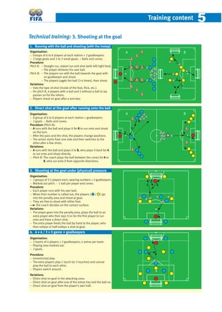 Training content 55
Technical training: 3. Shooting at the goal
Organisation:
− Groups of 6 to 8 players at each station + 2 goalkeepers.
− 2 large goals and 2 to 3 small goals. – Balls and cones.
Procedure:
Pitch A: − Straight run, slalom run and shot (with left/right foot).
− The player retrieves his own ball.
Pitch B: − The players run with the ball towards the goal with
no goalkeeper and shoot.
− The players juggle the ball (3-4 times), then shoot.
Variations:
− Vary the type of shot (inside of the foot, ﬂick, etc.).
− On pitch B, 4 players with a ball and 2 without a ball to lay
passes on for the others.
− Players shoot on goal after a one-two.
Organisation:
− A group of 6 to 8 players at each station + goalkeepers.
− 2 goals. − Balls and cones.
Procedure (Pitch A):
− A runs with the ball and plays it for B to run onto and shoot
on the turn.
− After the pass and the shot, the players change positions.
− The action starts from one side and then switches to the
other after a few shots.
Variations:
− A runs with the ball and plays it to B, who plays it back for A
to run onto and shoot directly.
− Pitch B: The coach plays the ball between the cones for A or
B, who run onto it from opposite directions.
Organisation:
− 2 groups of 3-5 players each, wearing numbers + 2 goalkeepers.
− Marked out pitch. − 1 ball per player and cones.
Procedure:
− Each player runs with his own ball.
− When their number is called out, the players ( / ) go
into the penalty area and shoot at goal.
− They are free to shoot with either foot.
The coach decides on the contact surface.
Variations:
− The player goes into the penalty area, plays the ball to an
extra player who then lays it on for the ﬁrst player to run
onto and have a direct shot.
− The extra player feeds the ball by hand to the player, who
then volleys or half-volleys a shot at goal.
Organisation:
− 2 teams of 4 players + 2 goalkeepers; 4 extras per team.
− Playing area marked out.
− 2 goals.
Procedure:
− Unrestricted play.
− The extra players play 1 touch (or 2 touches) and cannot
play the ball to each other.
− Players switch around.
Variations:
− Direct shot on goal in the attacking zone.
− Direct shot on goal after one of the extras has laid the ball on.
– Direct shot on goal from the player’s own half.
1. Running with the ball and shooting (with the instep)
1
2
2. Direct shot at the goal after running onto the ball
A B
A B
1
2
A
B
A
B
3. Shooting at the goal under (physical) pressure
4. 4 v 4 / 3 v 3 game + goalkeepers
1
2
3
 
