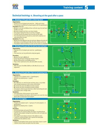 Training content 55
Technical training: 4. Shooting at the goal after a pass
Organisation:
− Groups of 6 to 8 players per exercise. − Balls and cones.
− The exercise is performed using two goals with the goalkeepers.
Procedure (Pitch A):
− A plays a one-two with B and then to C who lays the ball back
for A to run onto.
− A shoots at goal and then runs back slowly.
− The players laying the ball on are then changed.
− The ball should be played from the left and the right.
− The shooting distance should be varied with emphasis on
shot placement as well.
Variations (Pitch B):
− A plays the ball to B, who lays the ball back. A gives the ball to C
who plays a cross-ﬁeld pass to A, who then shoots on the run.
− The players switch positions as soon as the action is complete.
Organisation:
− A group of 6 to 8 players per exercise + goalkeeper.
− Balls.
− This exercise can be performed using two goals.
Procedure:
− A plays the ball to B, B to C.
− C lays the ball back for A, who shoots at goal.
− A takes C’s position and C A’s position.
− Play is then switched to the side where D is located.
Variations:
− After the pass from B to C, B runs after A and acts as an
opponent.
Organisation:
− 2 groups of 4-5 players each + 2 goalkeepers.
− Marked out playing area + 2 goals.
− Balls.
Procedure:
− A and B each run with the ball and then play a cross-ﬁeld
pass along the ground to the centre of the pitch.
− A controls the pass from B and shoots at goal.
− B controls the pass from A and shoots at goal.
− The players shoot at goal directly or after controlling the ball.
− The players then change sides.
Variations:
− The trajectories of the passes can be varied.
− A contest between the teams: which team can score the most
goals after 6 shots from each player?
Organisation:
− 2 teams of 4 players each + 2 groups of 4 extra players + 2
goalkeepers.
− Marked out playing area + 2 goals.
− Balls.
Procedure:
− Unrestricted play and quick ﬁnishing.
− A maximum of 5 passes within the team, including those
with the extra players along the touchline, who can play one
touch only.
− One player must always remain in the defence zone.
− 1 point is scored per goal, and 3 points for every goal
scored from the defence zone.
Variations:
− A goal scored before three passes have been made is worth
2 points, but at least one pass must be made.
A B
4. 4 v 4 / 3 v 3 game
3. Shooting at the goal after a fast run and passing move
1. Shooting at the goal after a direct lay back
D C
1
2
34
A
BC
1
234
5
C
3 4
5
1
2
B
A
A B
2. Shooting at the goal after the ball has been laid back
A
B
BA
 